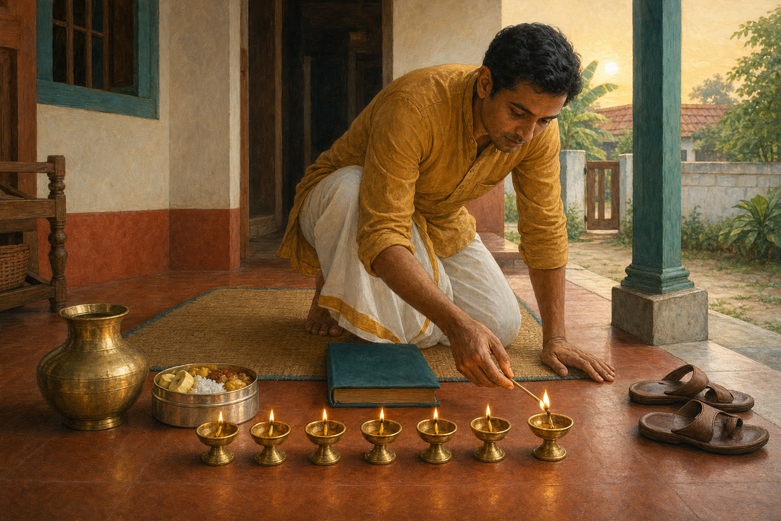 A reader lights the last of seven brass lamps beside a closed book, a food container, a watering vessel, and walking sandals on a veranda.