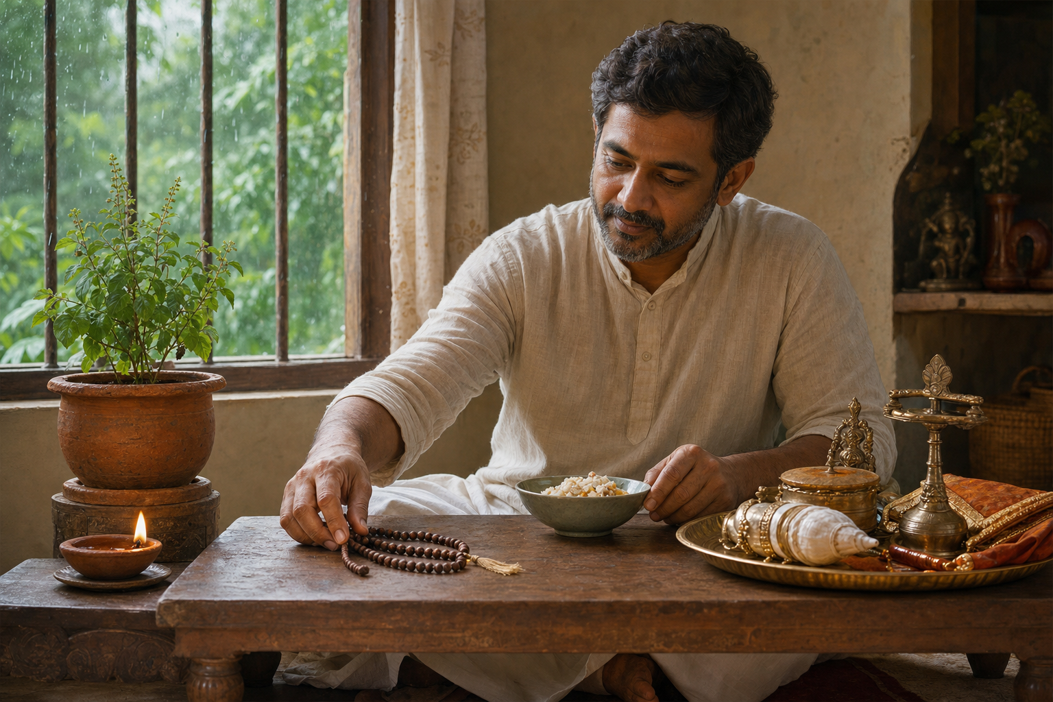 A householder selects prayer beads and a bowl of simple food while leaving a larger group of ritual objects aside.