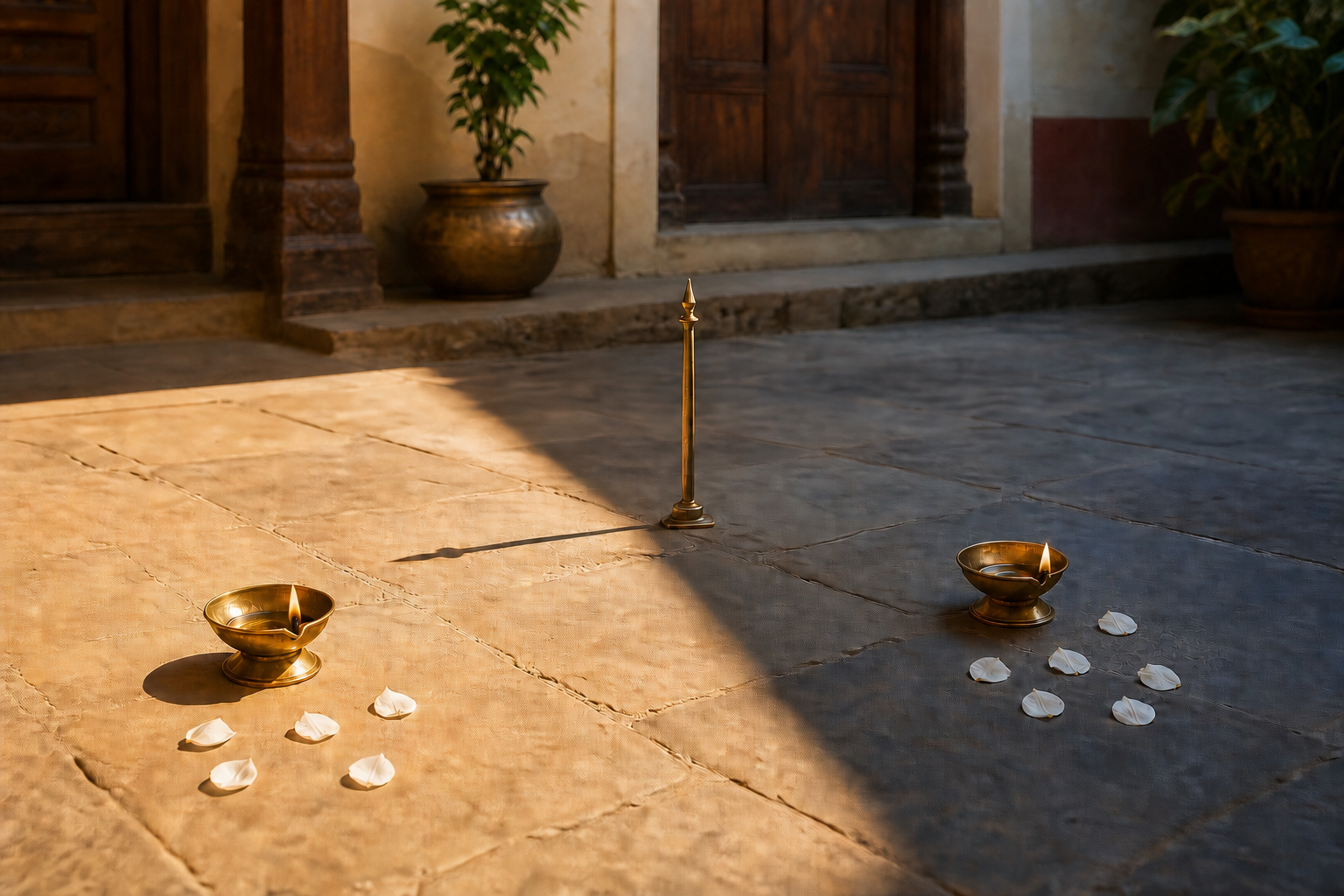 A sunlit Indian courtyard divided by a band of shadow, with brass lamps and groups of flower petals on either side.