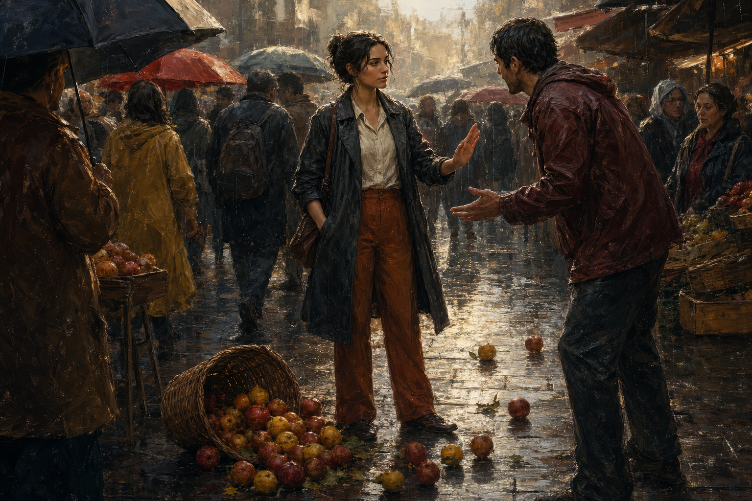 One person listens calmly as another gestures in frustration beside spilled fruit in a crowded, rain-wet market.