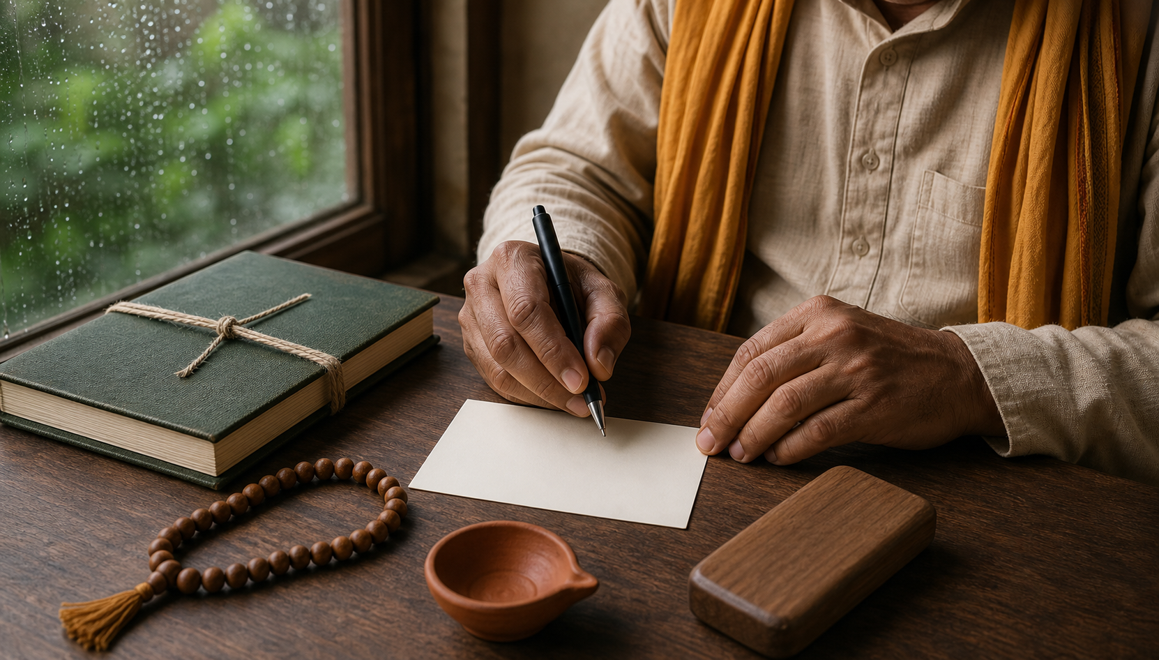 A person holds a pen over a blank card beside prayer beads, a clay lamp, a plain tally counter, and a thread-bound notebook.