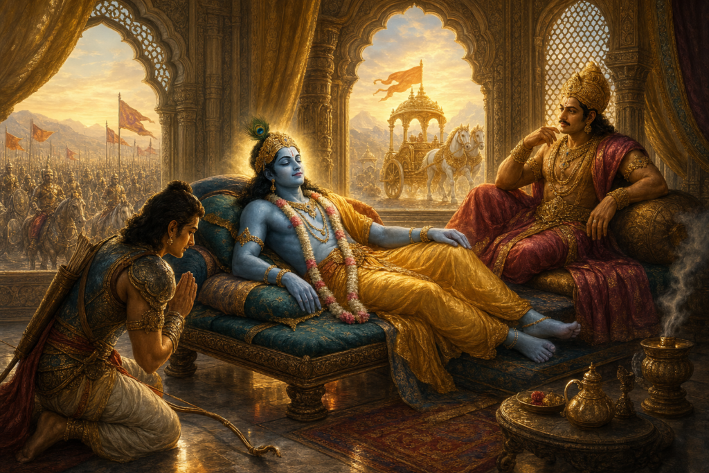 Krishna reclines in Dwaraka as Arjuna bows at his feet and Duryodhana waits before Kurukshetra.