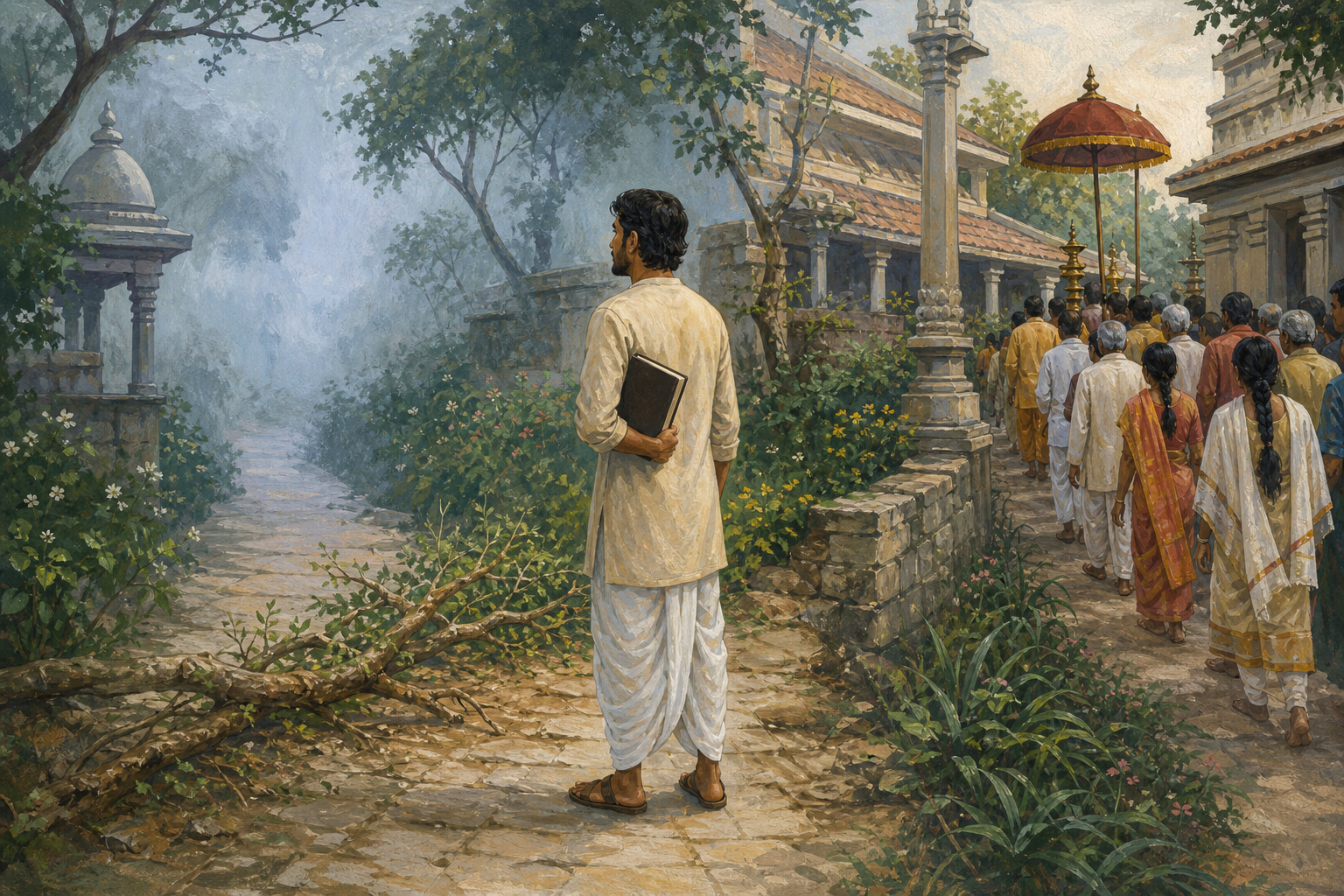 A reader holding a closed book considers a misty path, a fallen branch, and a crowded procession in a monastery garden.