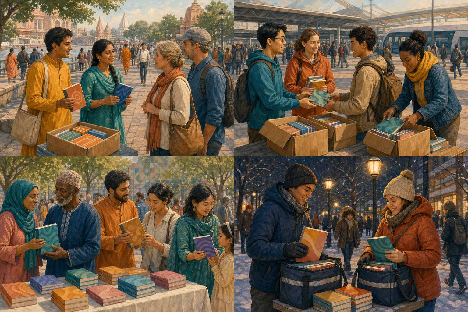 Four scenes show daily pilgrimage outreach, a weekend transit team, multilingual book selection, and winter street distribution.