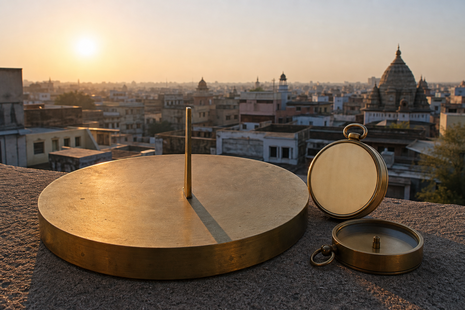 An unmarked brass sundial and blank-faced clock on an Indian rooftop as the sun rises over the local horizon.