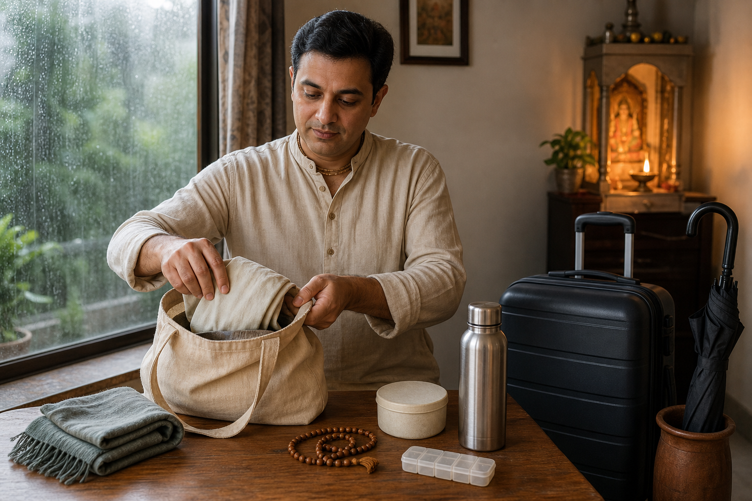 A householder packs prayer beads, simple food, water, medicine, and a rain shawl into a travel bag near a softly lit home shrine.