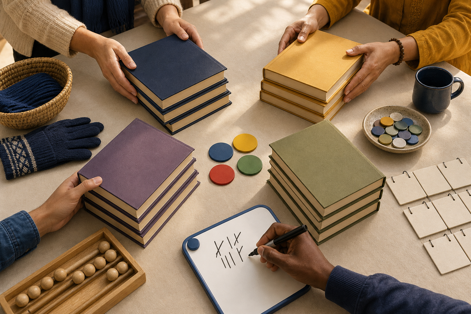 Hands organize stacks of spiritual books beside planning objects representing volunteers, days, travel, and weather.