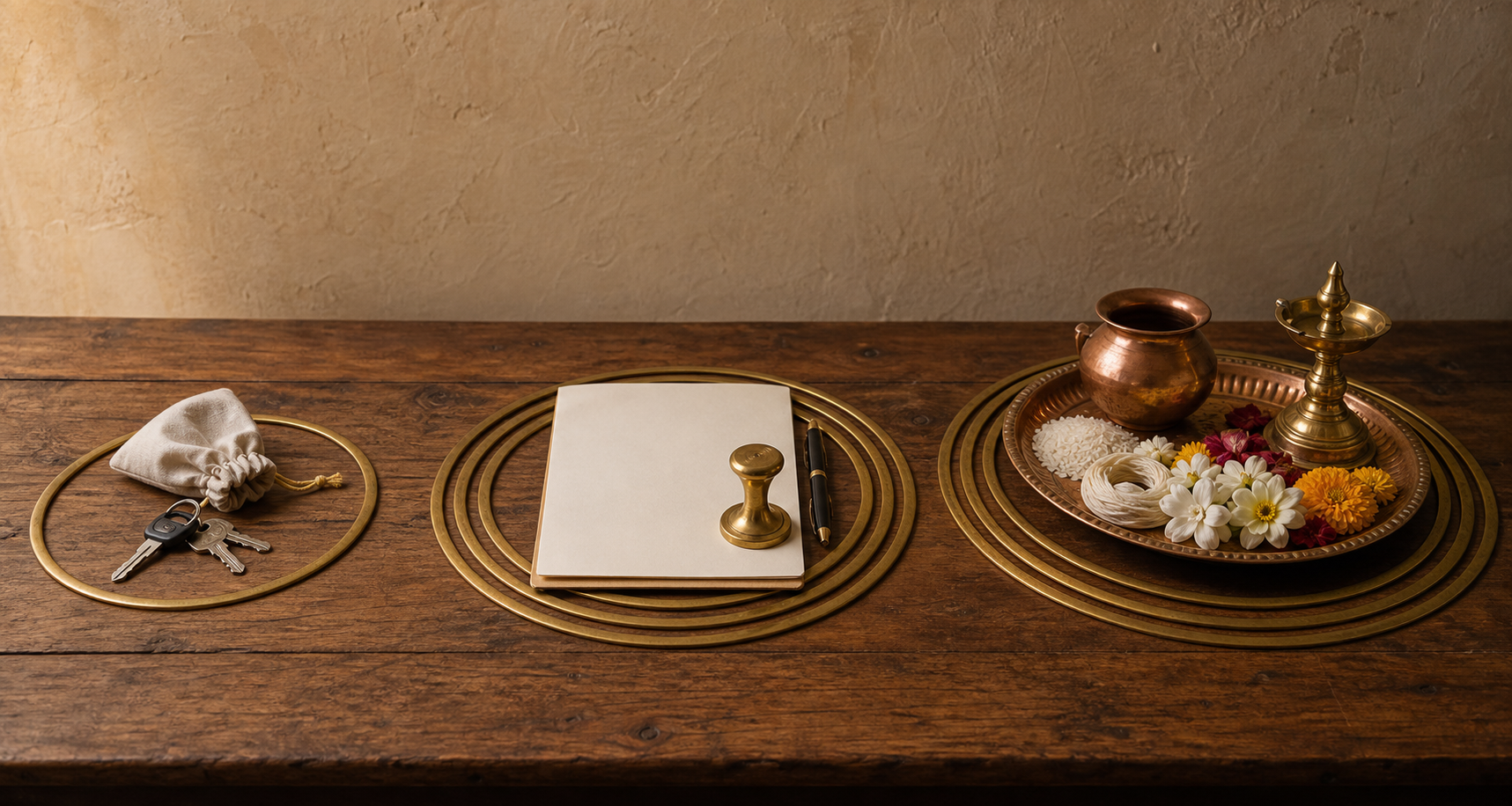 Travel items, a blank document folder, and a ceremonial puja tray arranged in three increasingly detailed groups on a wooden table.