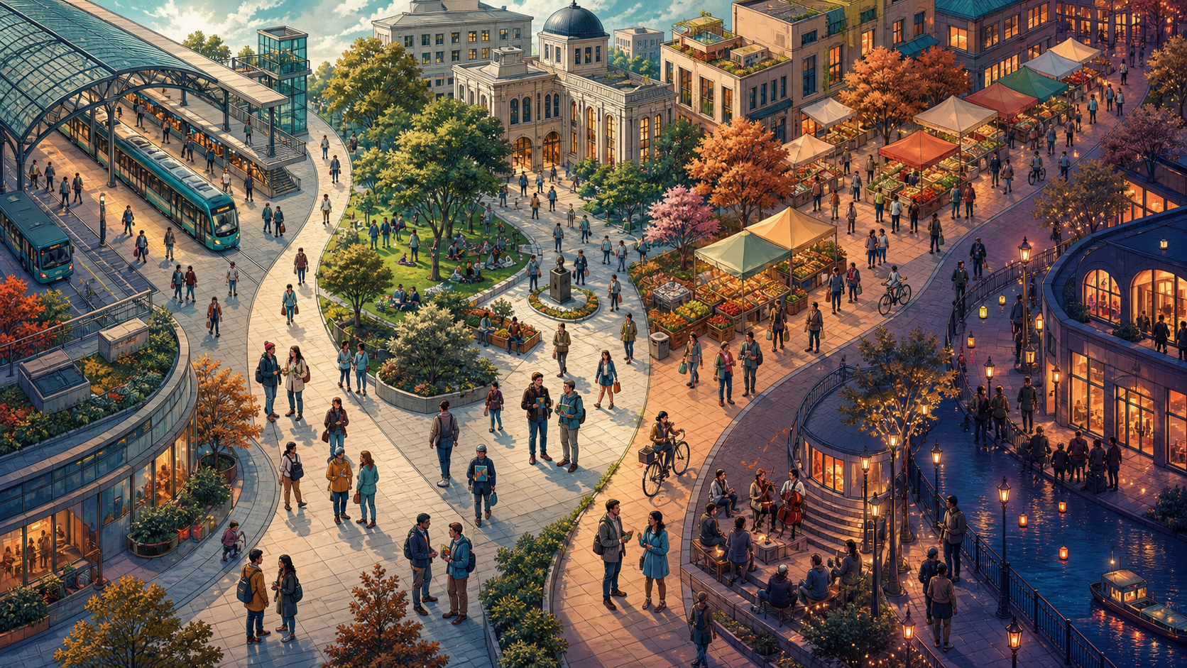 An illustrated city shows sankirtan pairs meeting commuters, students, market visitors, and evening pedestrians at different times of day.