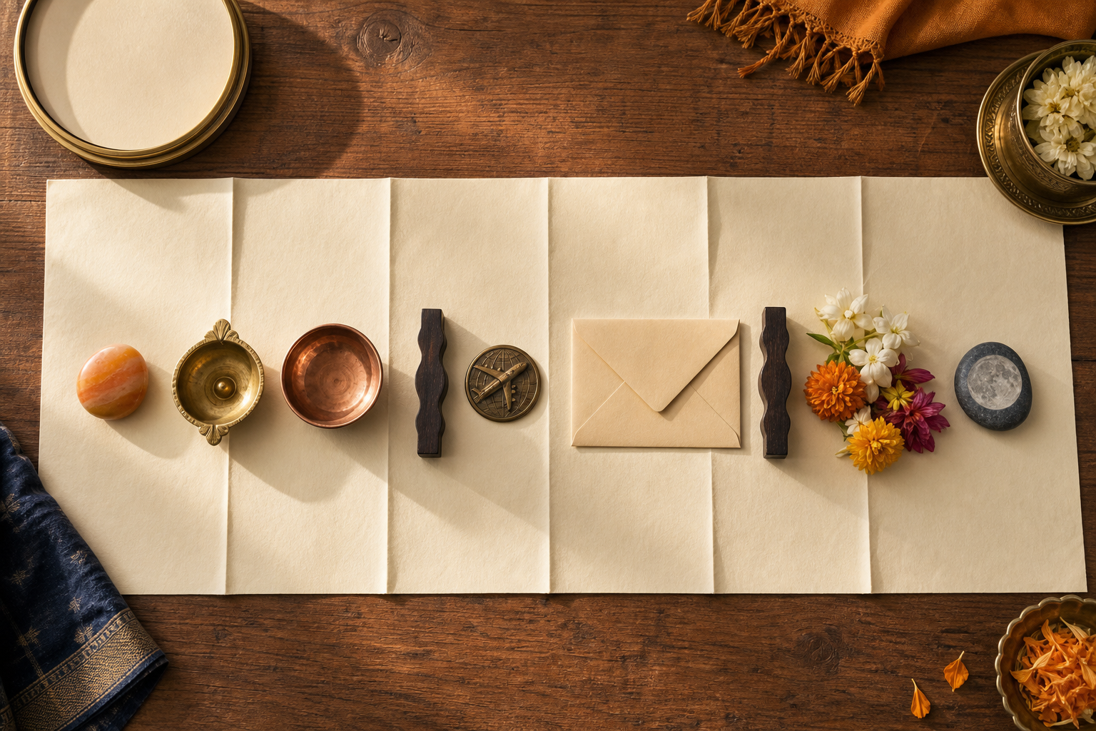 A blank planning sheet with ritual objects, activity tokens, exclusion markers, and an unmarked clock arranged across a wooden desk.
