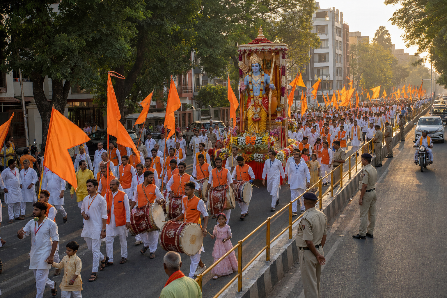 A peaceful Ram Navami procession with families, drummers, volunteer marshals, saffron pennants, a decorated chariot, and police guiding the route on an Indian city street.