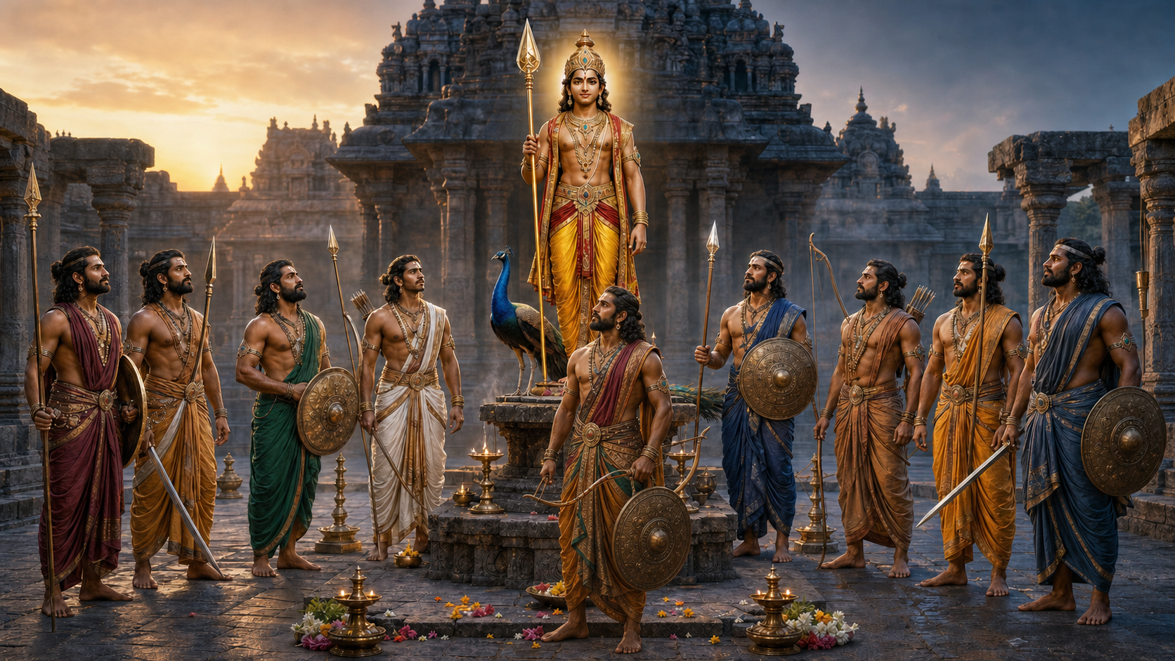 Muruga stands with his vel and peacock in a temple courtyard while nine armed warrior guardians form a protective semicircle around him.