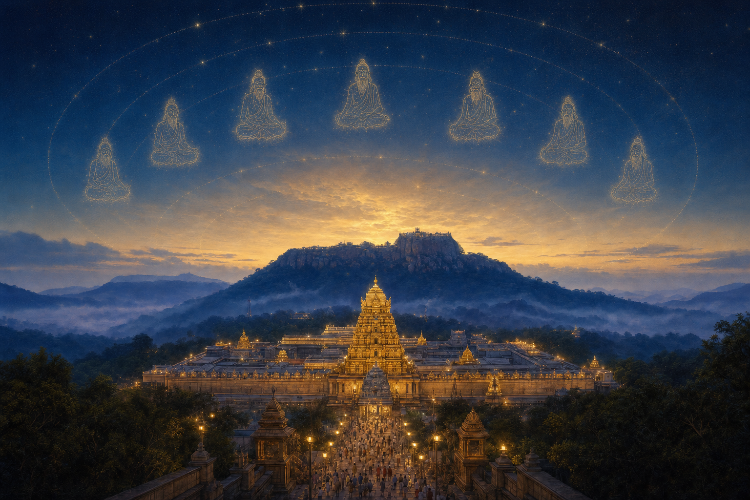 Tirumala temple at dawn beneath an arc of seven sage-like figures formed from stars, with pilgrims approaching through lamplight.