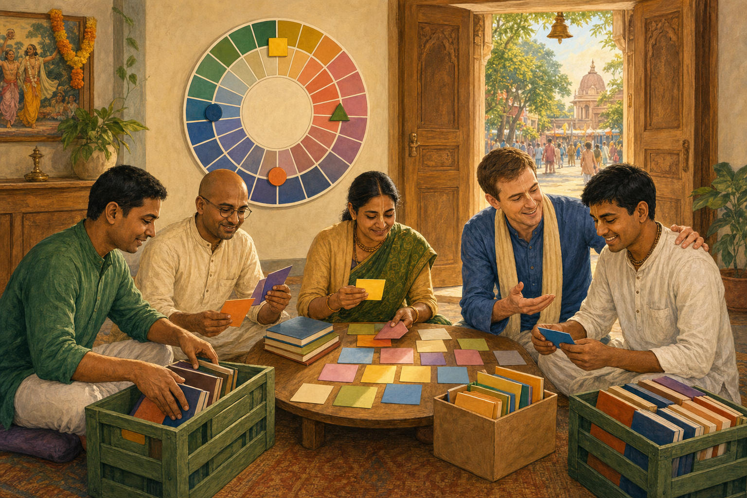 A volunteer team reviews blank planning cards, organizes books, mentors a new distributor, and prepares for another outreach cycle.