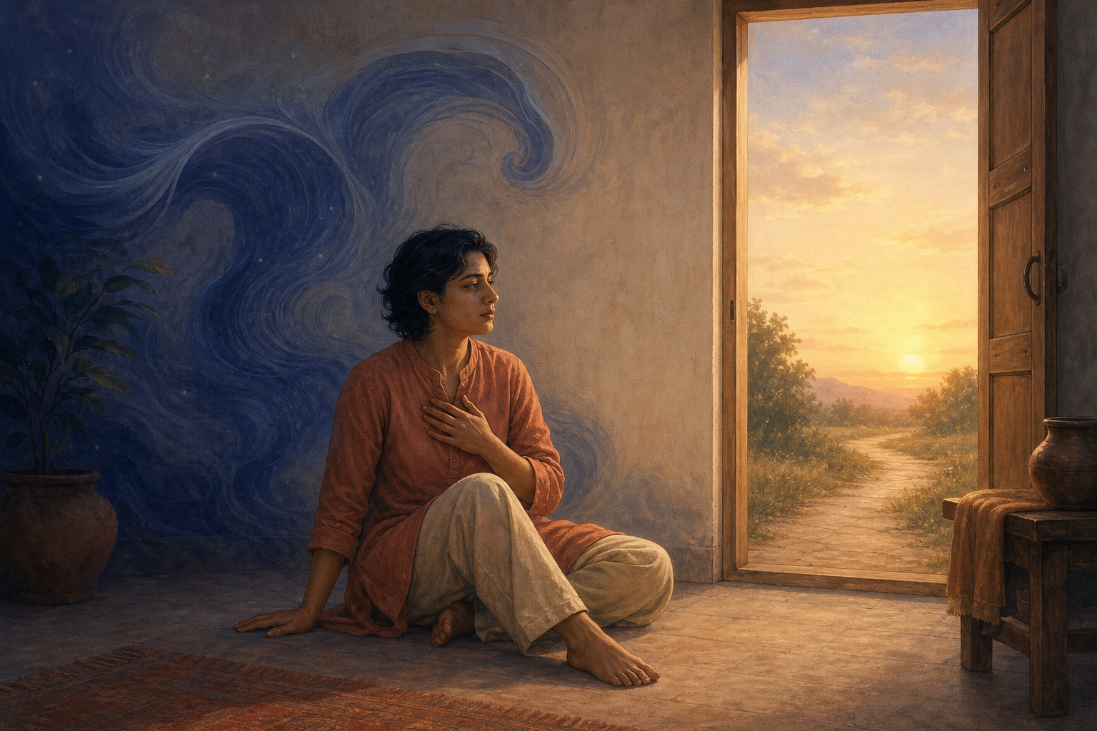 A seated person steadies themself as a translucent indigo wave passes through a quiet room toward an open, sunlit doorway.