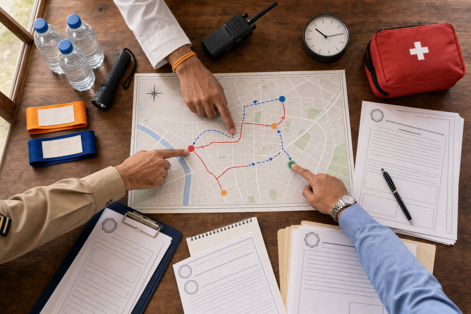 Hands of a procession organizer, police planner, and civic official review an unlabeled route map beside radios, safety supplies, and planning documents.