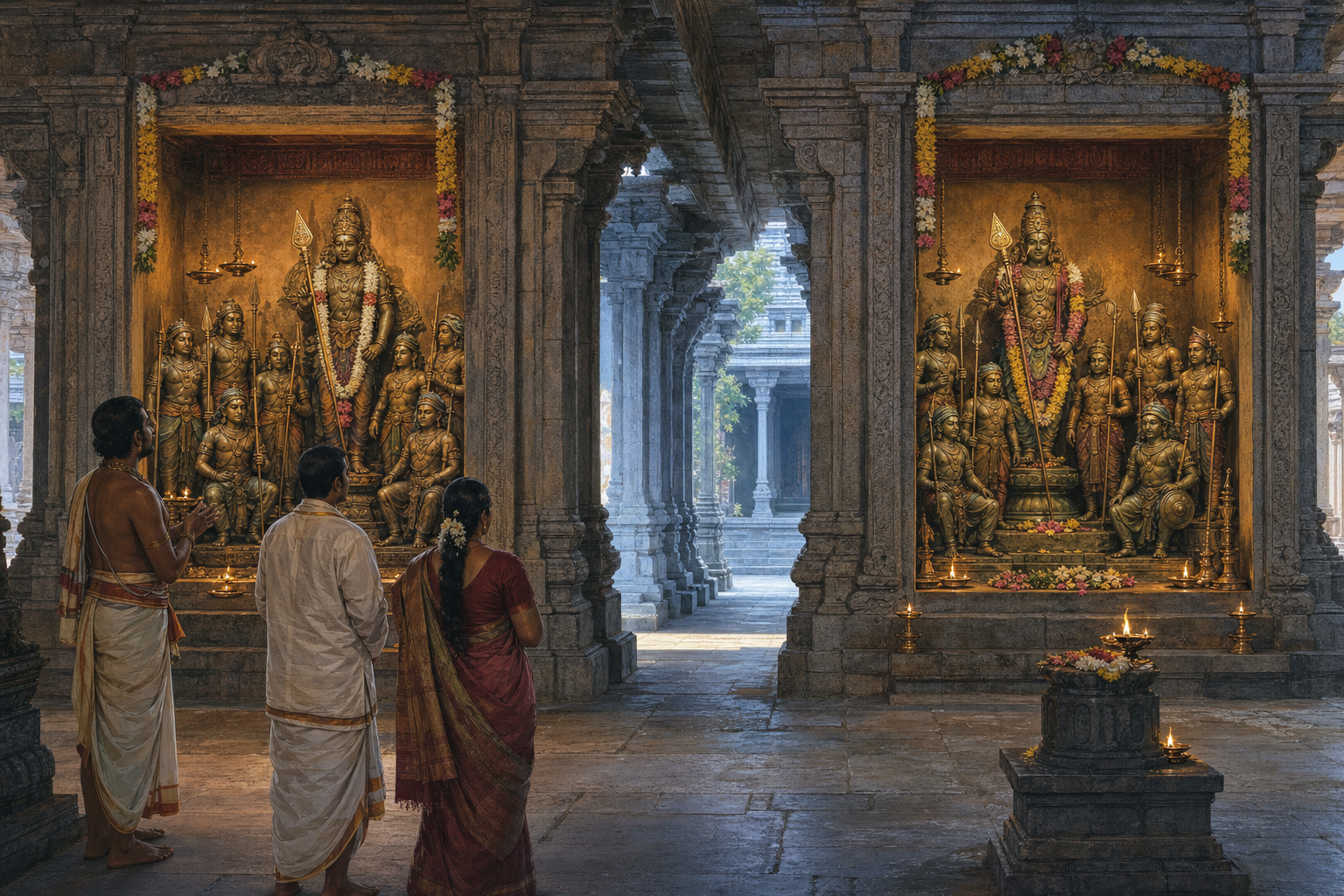 Two temple alcoves show Muruga with differently arranged groups of nine warrior attendants as devotees observe the local iconography.