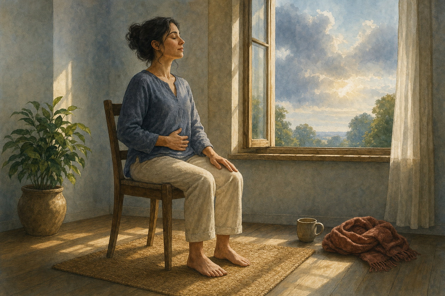 A person sits with both feet on a woven mat and one hand on the abdomen beside an open window as morning light enters the room.