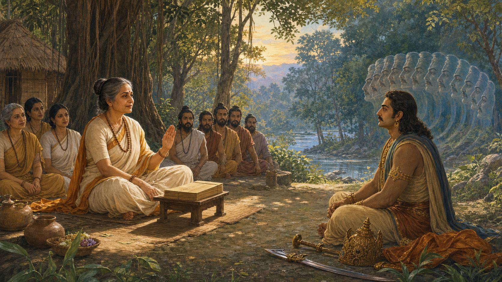 Editorial illustration of Anasuya teaching in a forest hermitage while a traditionally represented Ravana listens across from her with his crown and weapons set aside.