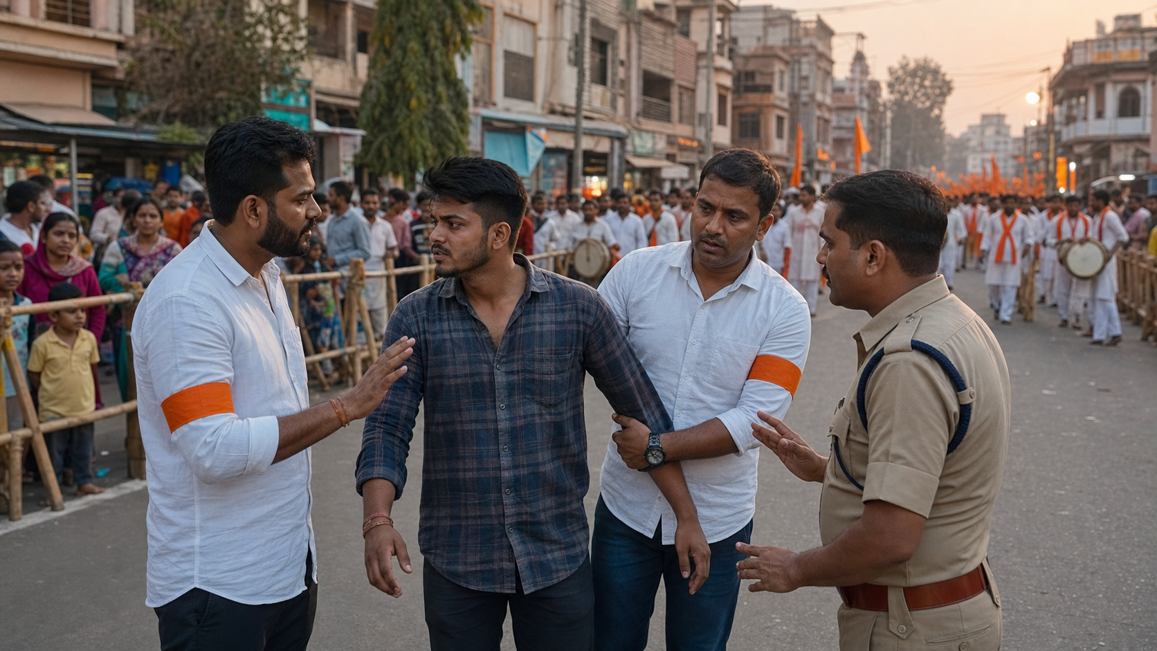 Volunteer marshals and a police liaison calmly guide an agitated participant away from a peaceful procession while families remain behind a safety buffer.