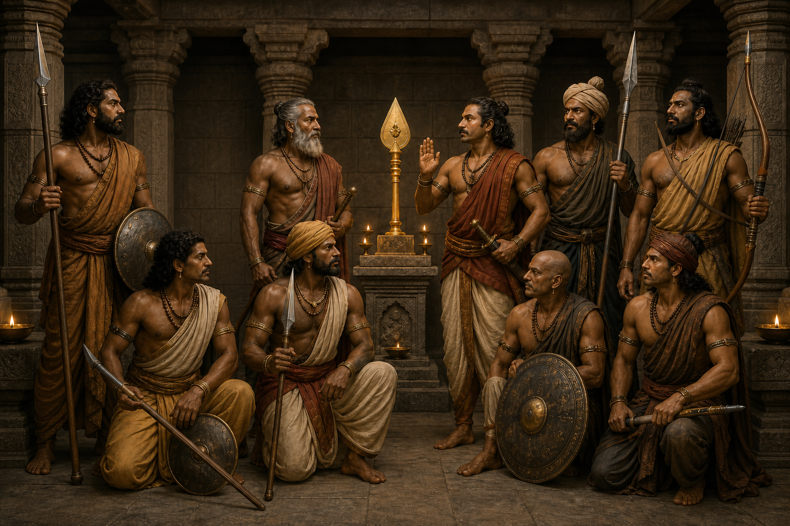 Nine distinct warrior guardians stand together with spears, swords, shields, and a bow around a ceremonial vel in a temple hall.