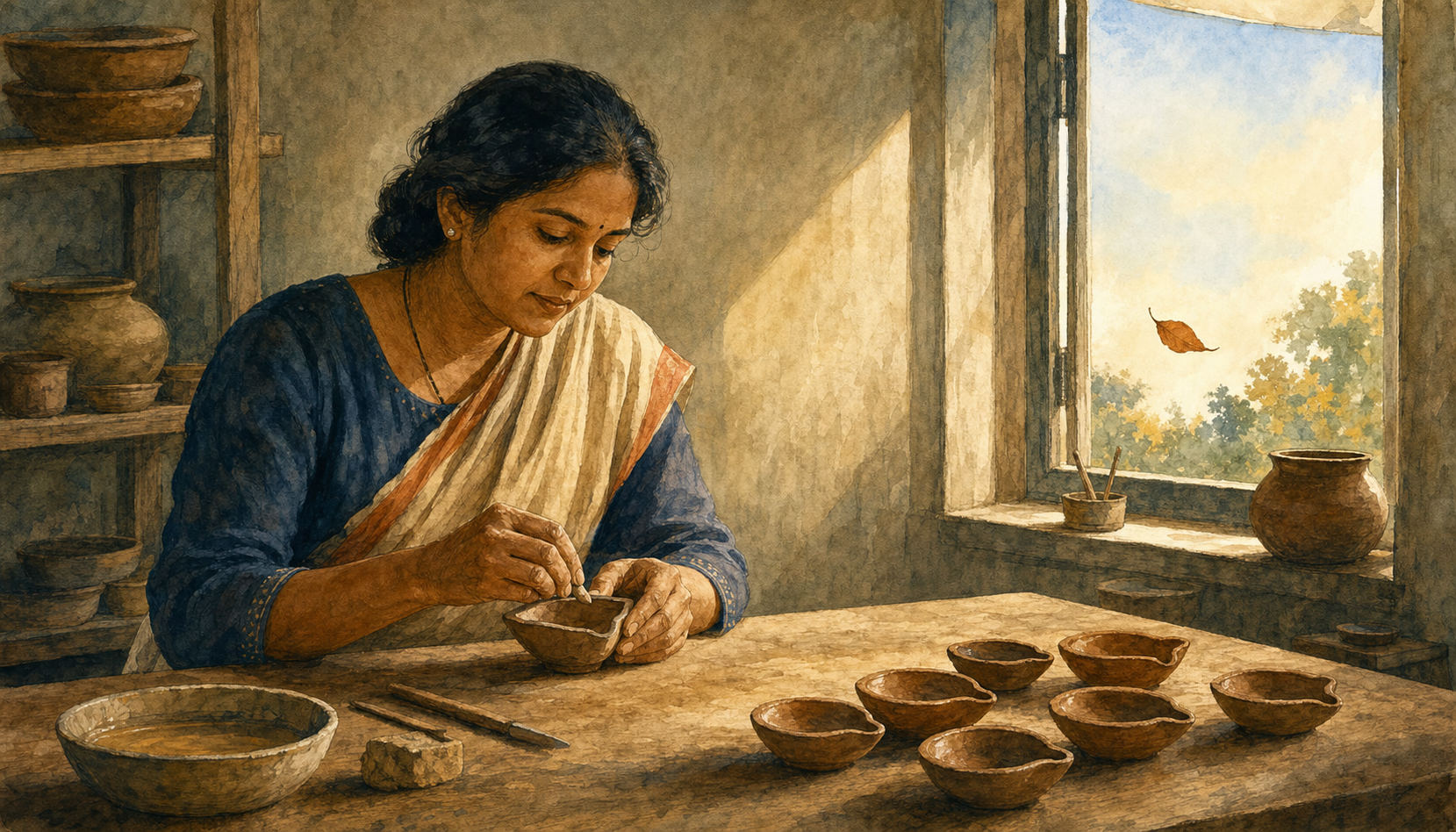 An Indian craftsperson calmly shapes an asymmetrical clay lamp at a sunlit table while finished lamps and a drifting leaf suggest natural variation and change.
