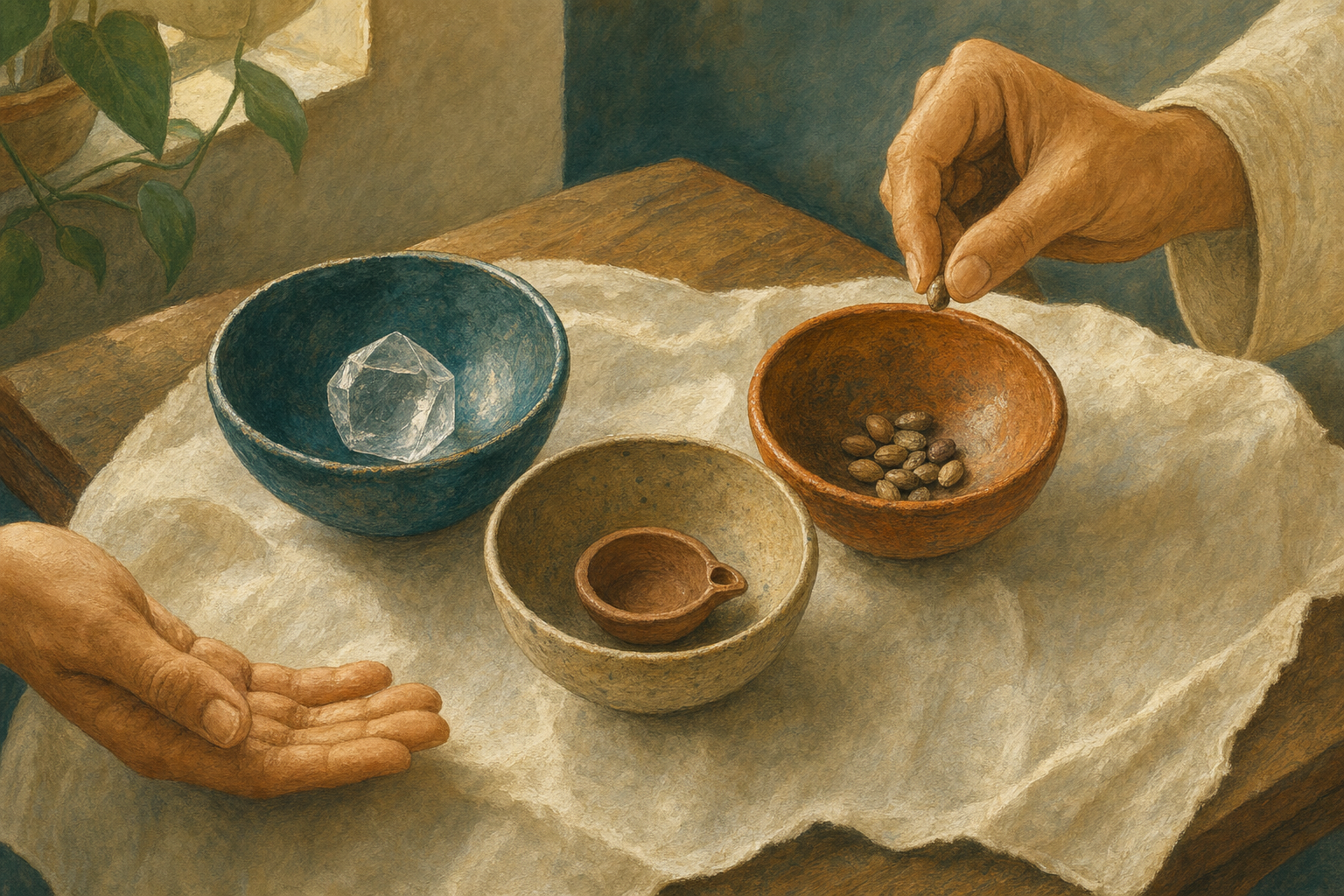 Two hands examine three ceramic bowls containing a clear stone, a clay lamp, and seeds on a low wooden table.