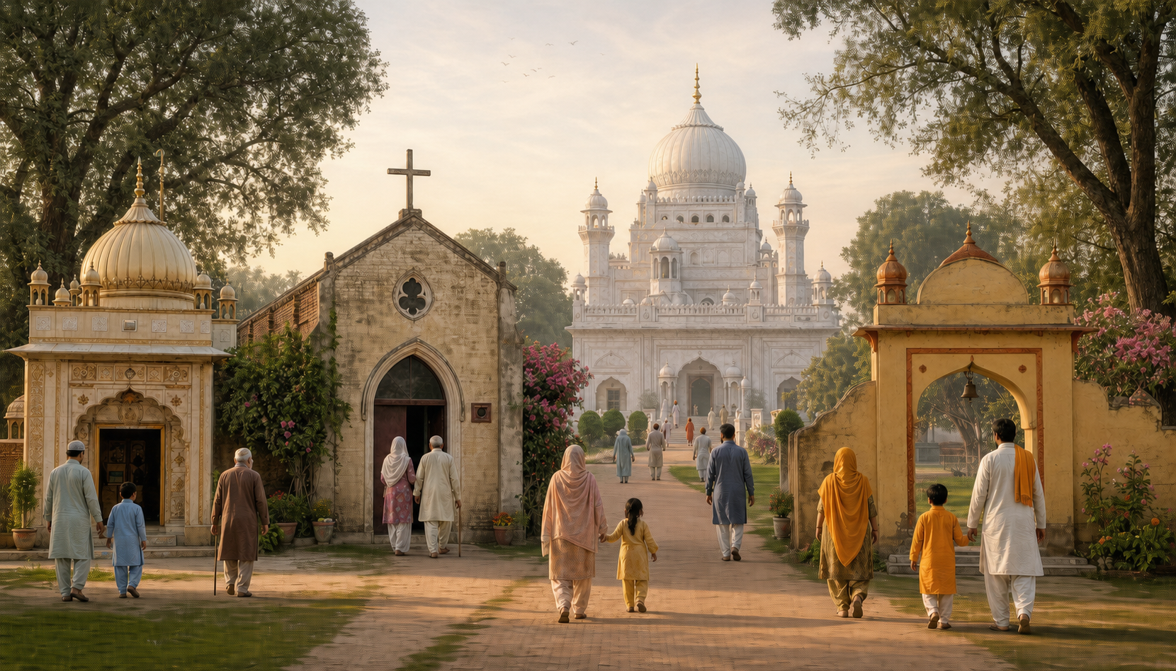 Editorial illustration of families and caretakers walking toward several religious heritage sites in a Pakistani landscape, from a large pilgrimage complex to smaller local places of worship.