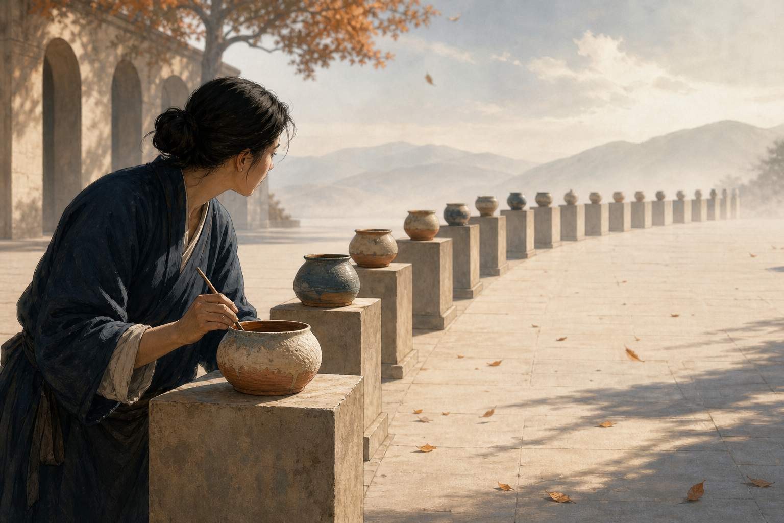 A person adjusts a finished vessel while a curving row of pedestals with other vessels recedes into the distance.