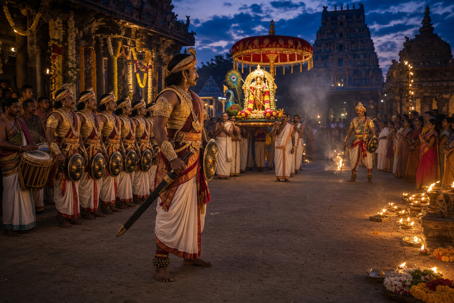 Nine costumed warrior performers take part in a temple festival drama near a flower-decorated procession of Muruga as devotees watch.