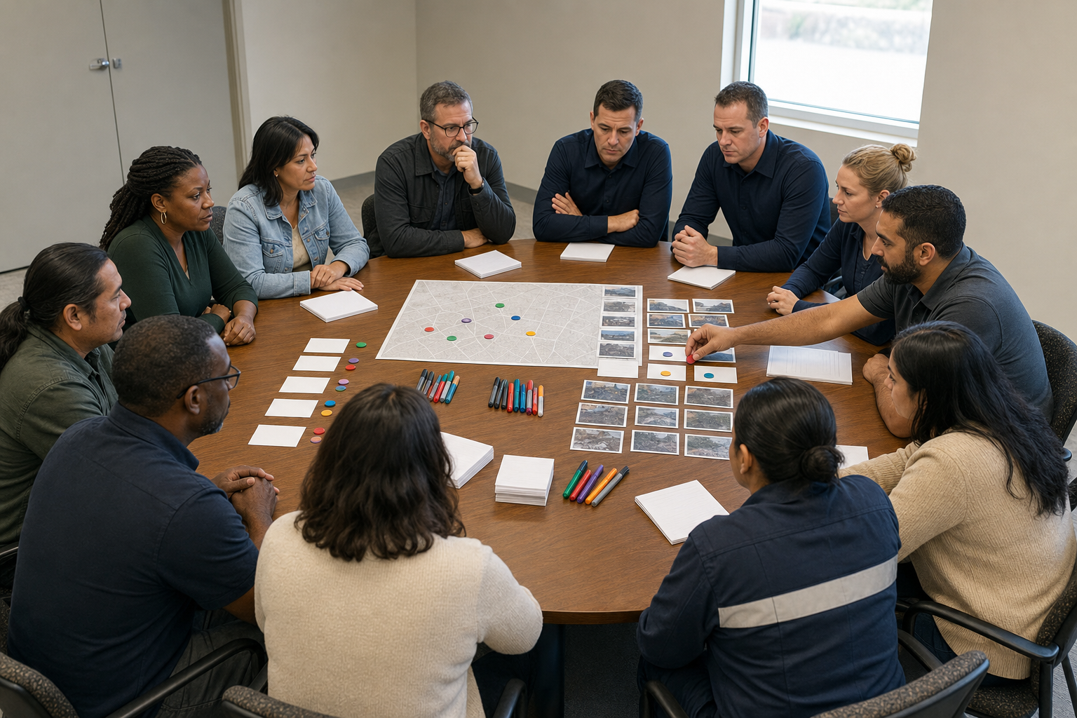 Community representatives, procession organizers, police, and an independent observer review blank forms, route markers, and incident materials around a conference table.