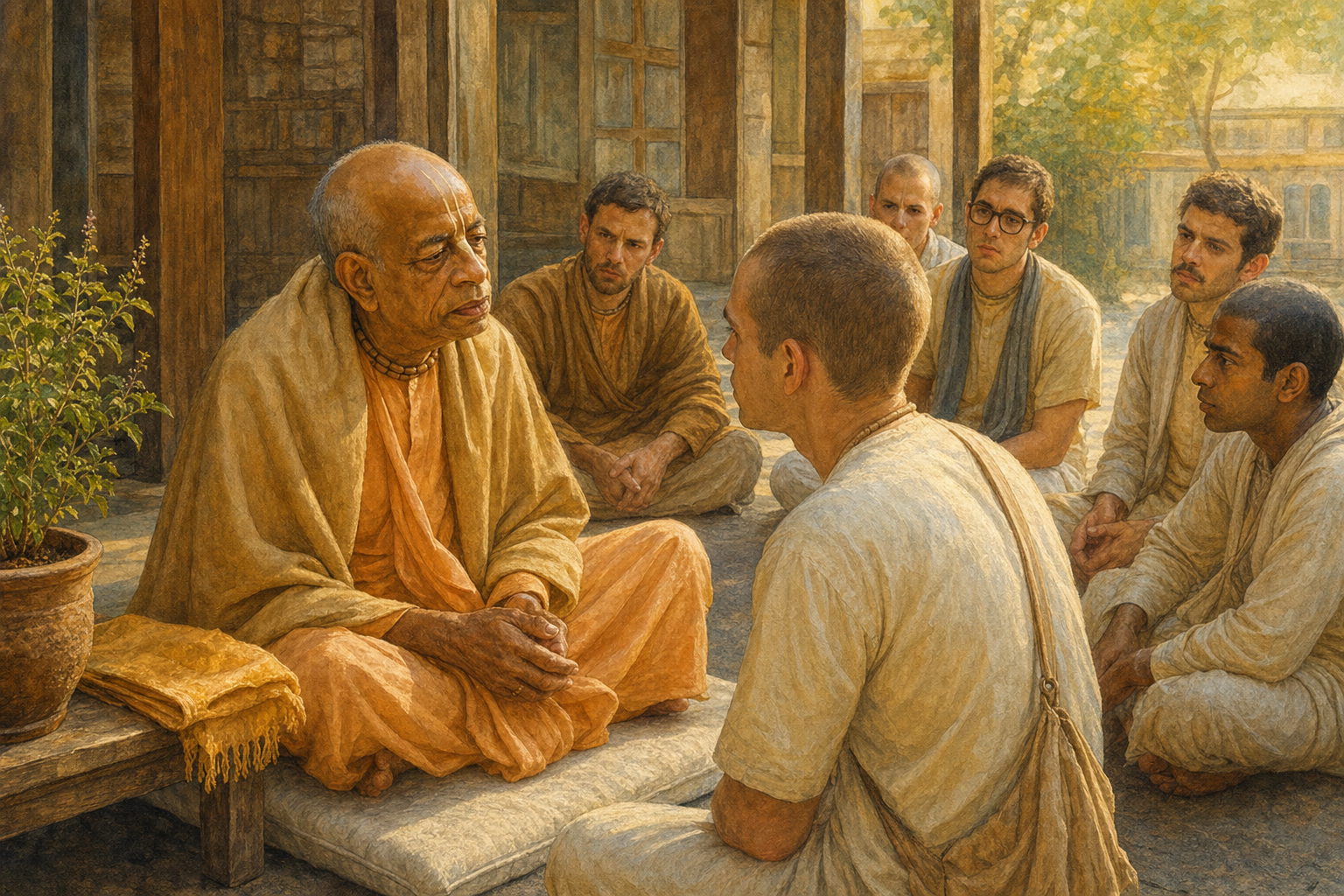 Srila Prabhupada listens attentively to a young devotee while temple leaders sit nearby in a sunlit courtyard.