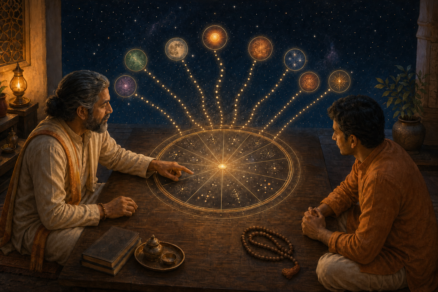 An astrologer and a client examine a circular zodiac board as eight streams of glowing dots converge around it, with counting beads on the table.