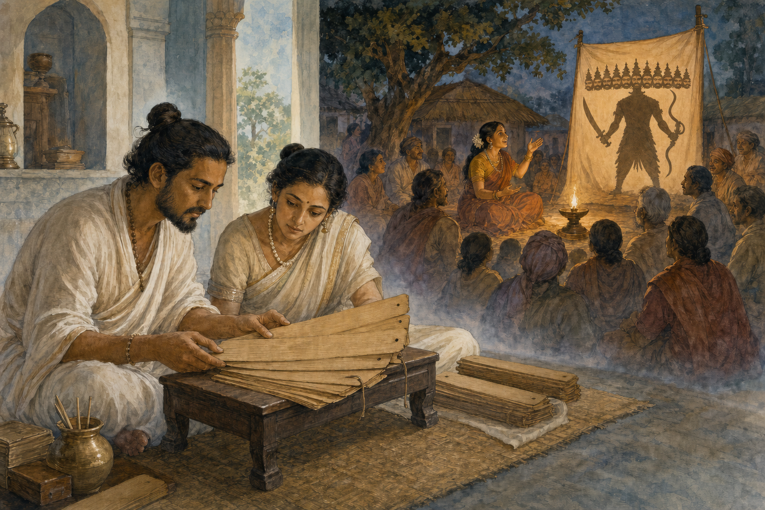 A scribe and woman scholar examine blank palm-leaf folios in the foreground while a female storyteller performs for a village audience in the distance.
