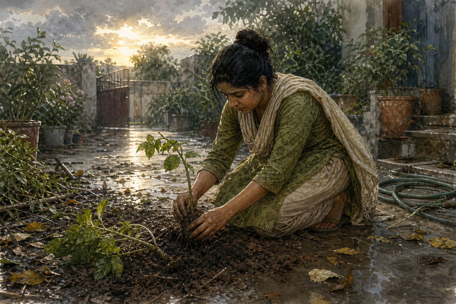 A person replants one fallen seedling in a courtyard garden while leaves and other unfinished chores remain nearby.