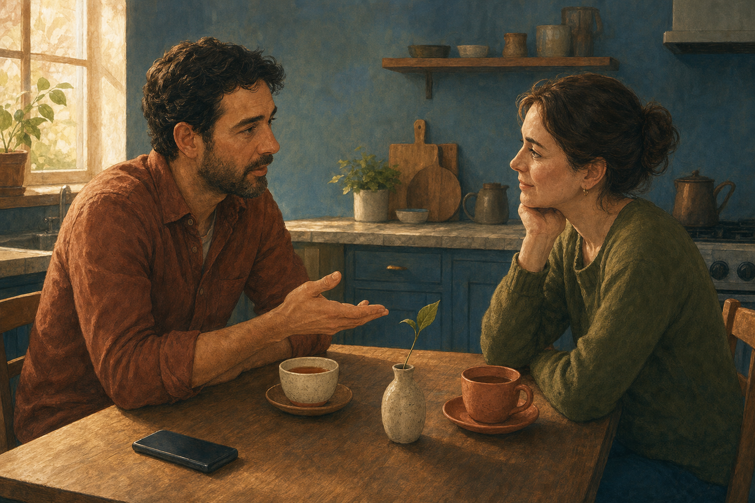 Two people have a calm conversation across a kitchen table with tea, a small leafy stem, and a phone placed face down.