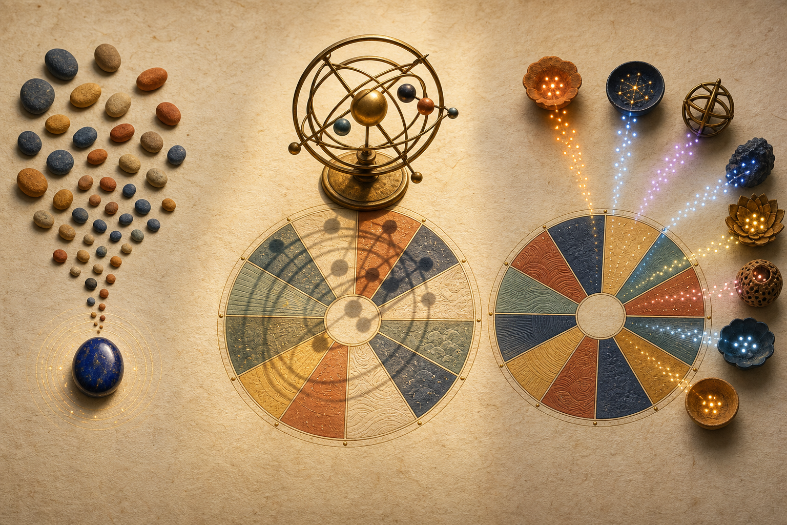 Counting stones, a brass celestial sphere and a dotted twelve-part wheel represent three distinct numerical approaches to astrology.