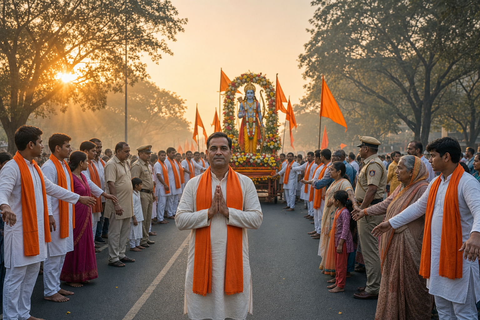 A composed volunteer leader and orderly stewards protect families and elders as a peaceful Ram Navami procession advances in warm dawn light.