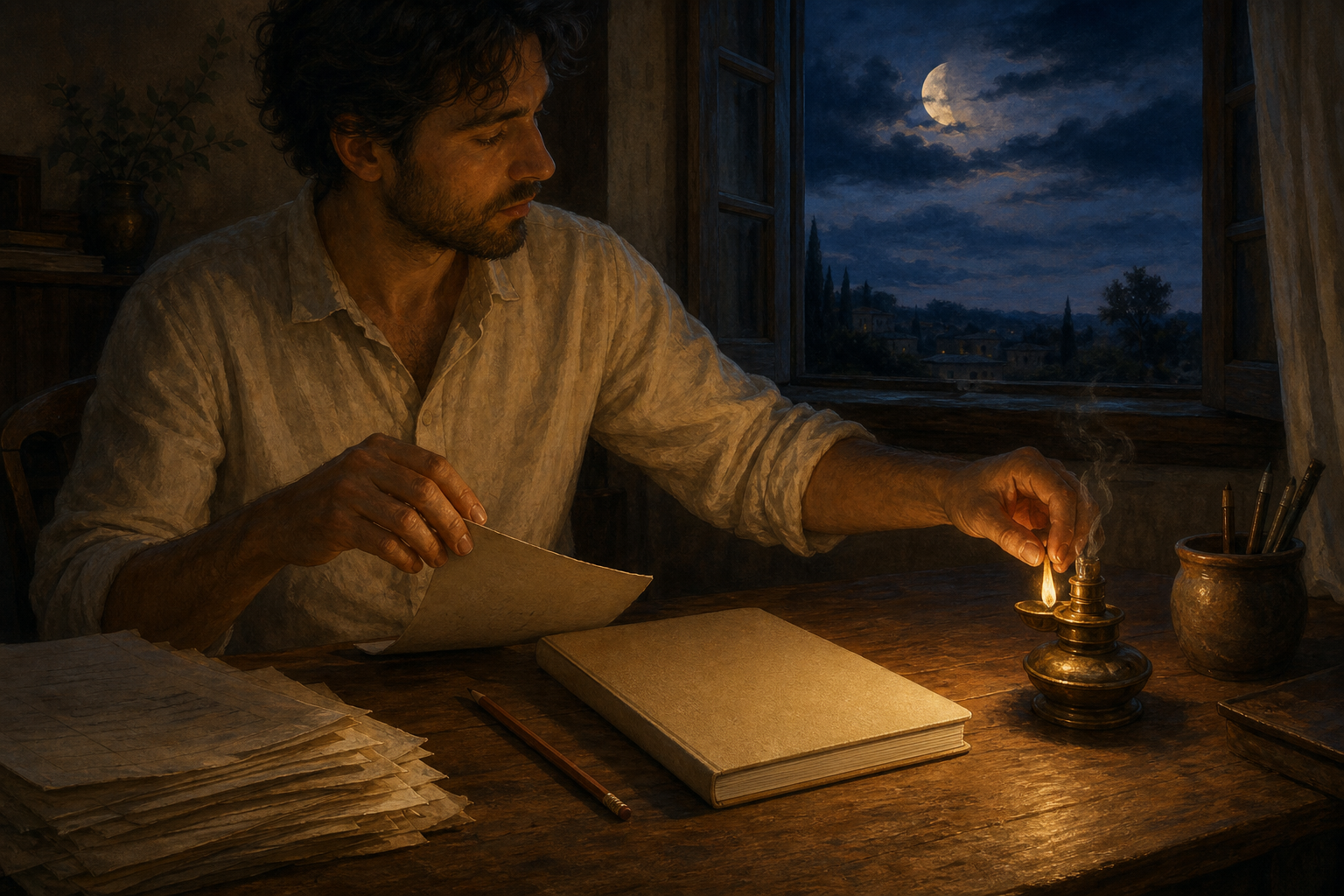 A writer closes an unmarked notebook and extinguishes a small lamp at dusk while an uneven stack of unfinished papers remains on the desk.