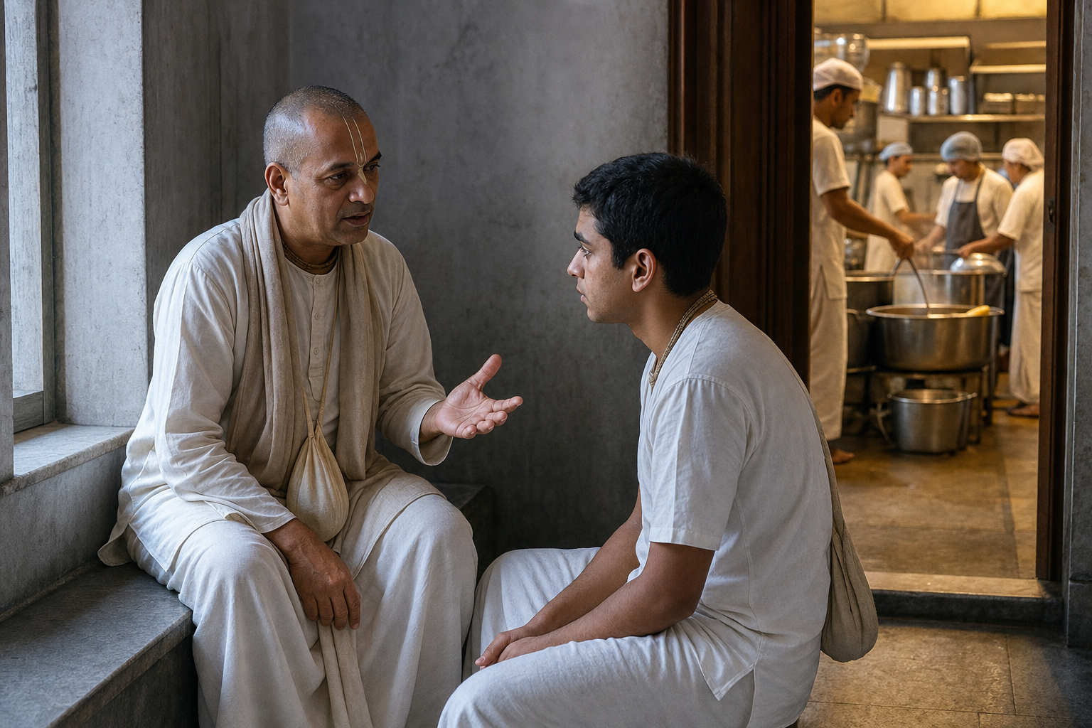 A senior Vaishnava leader has a calm private conversation with a younger volunteer beside an active temple kitchen.