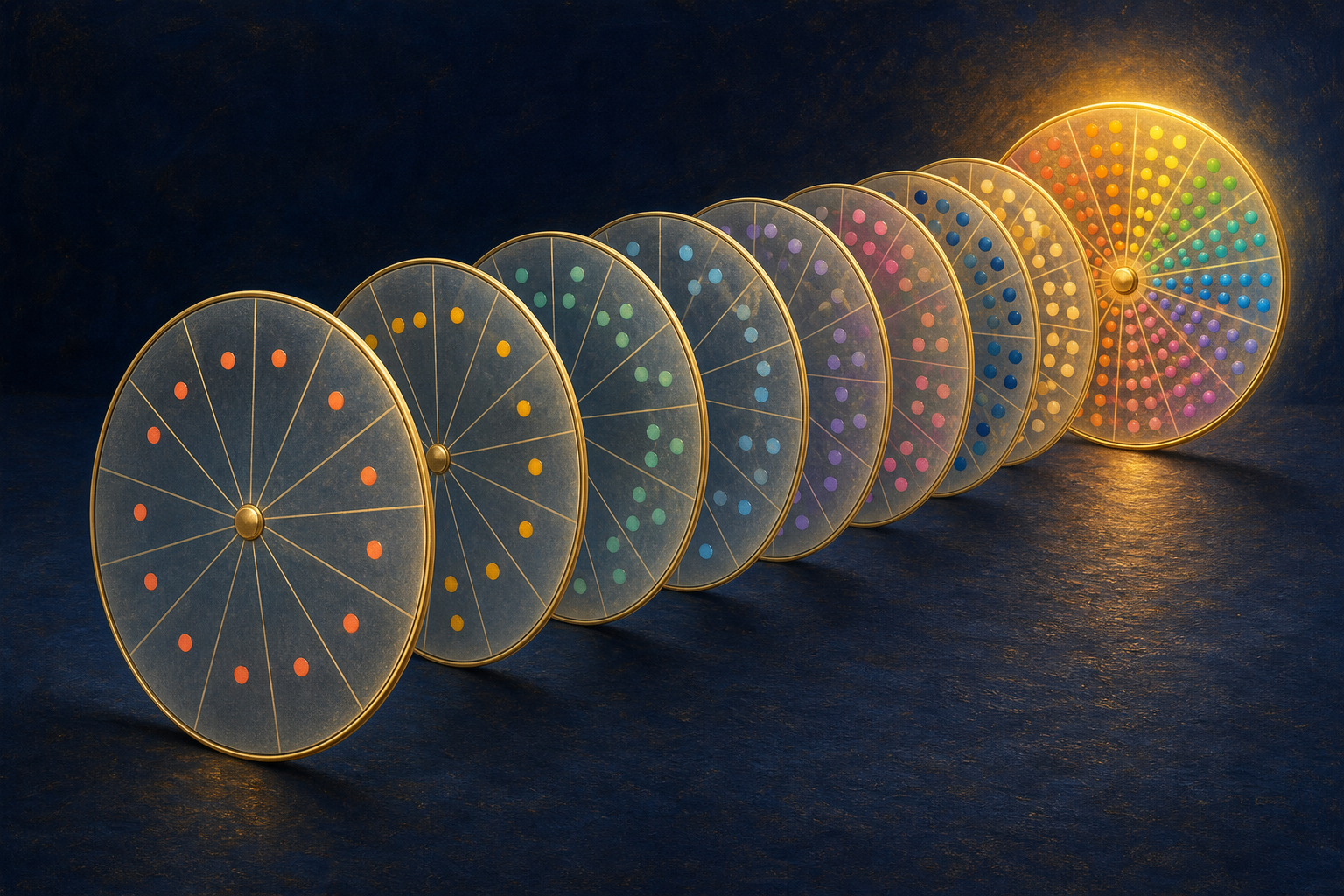 A single translucent dotted zodiac layer is shown in front of several aligned layers that combine into one brighter circular pattern.