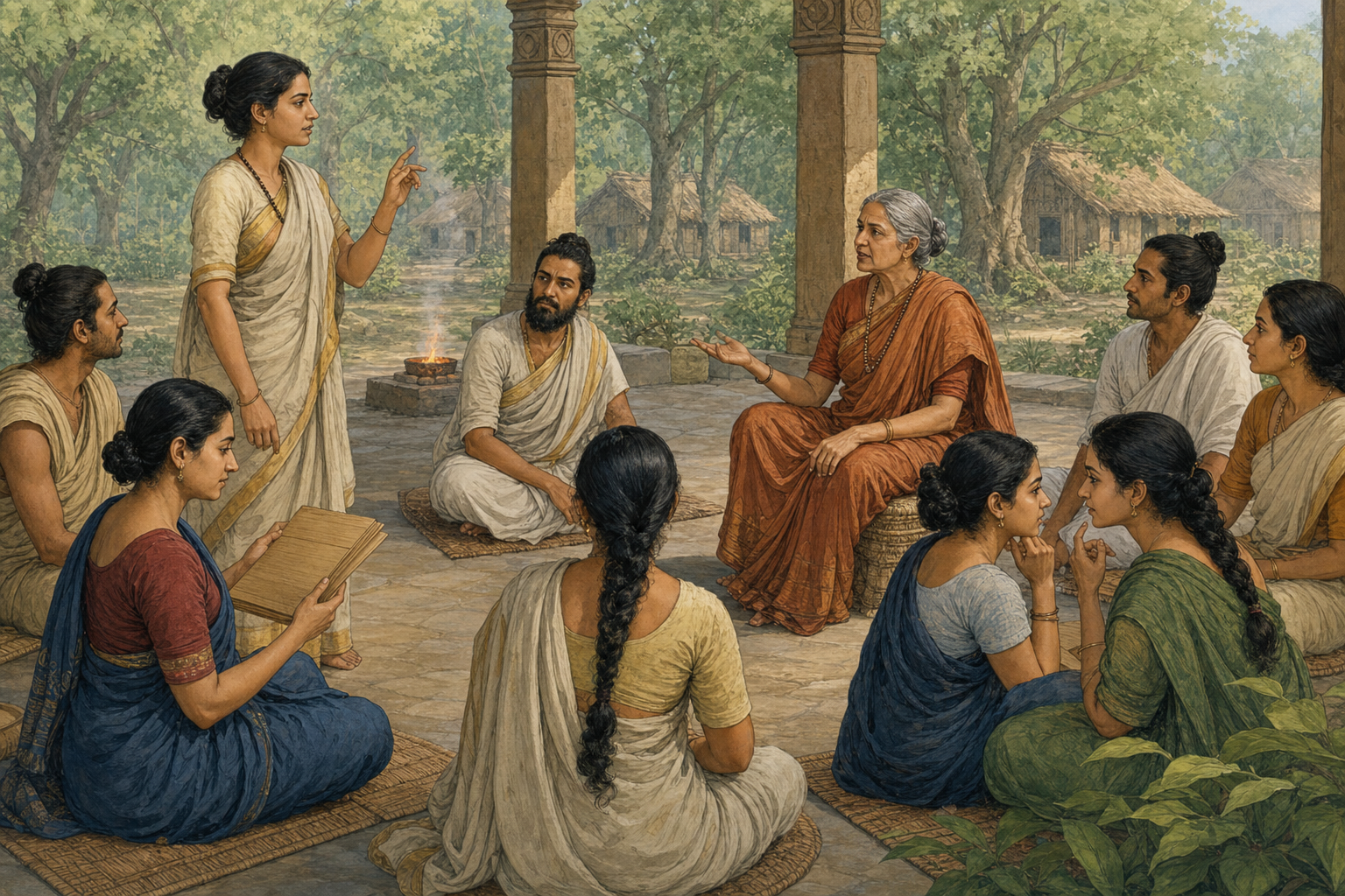 Several women and men take part as teachers, questioners, readers, and listeners in an open philosophical gathering beside a forest settlement.