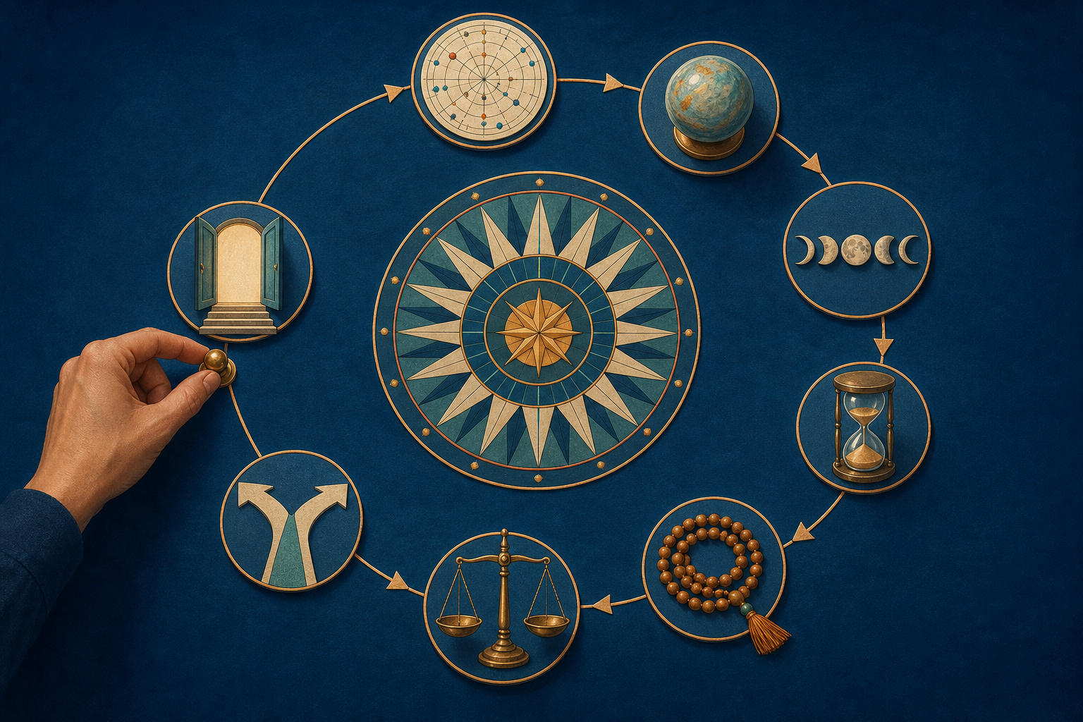 A hand moves a brass marker through eight symbolic checkpoints arranged around an unlabeled astrological wheel.
