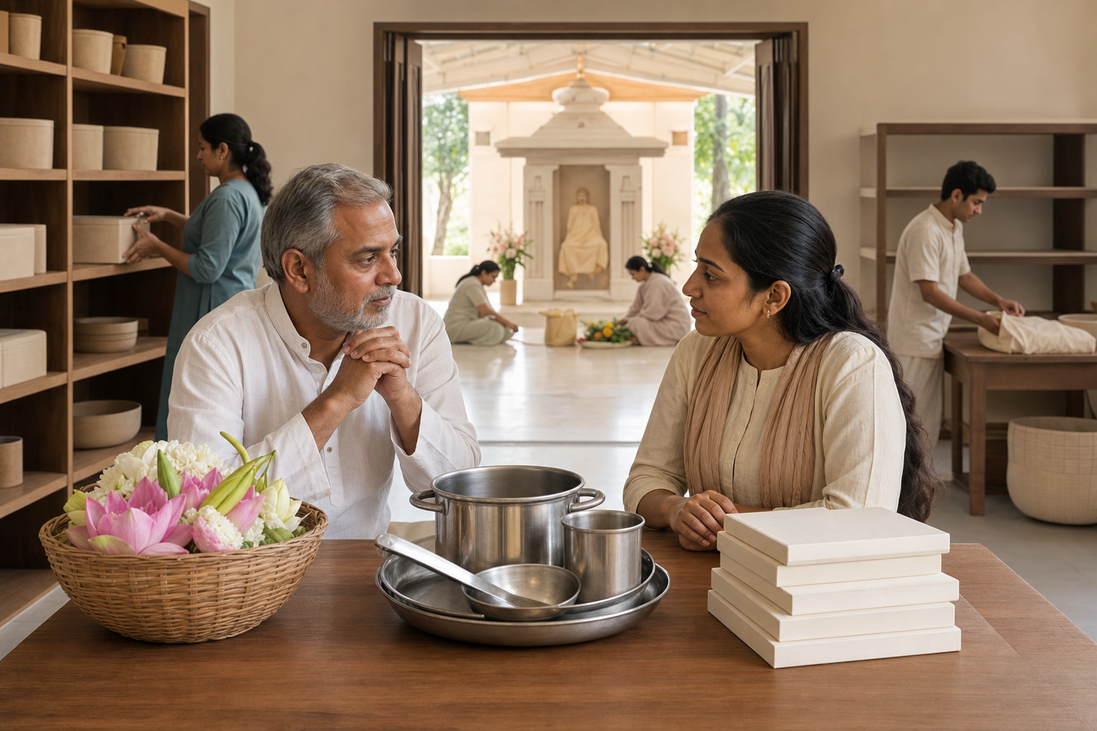 A temple leader and a devotee discuss service options beside flowers, kitchen utensils and unmarked books in a community room.