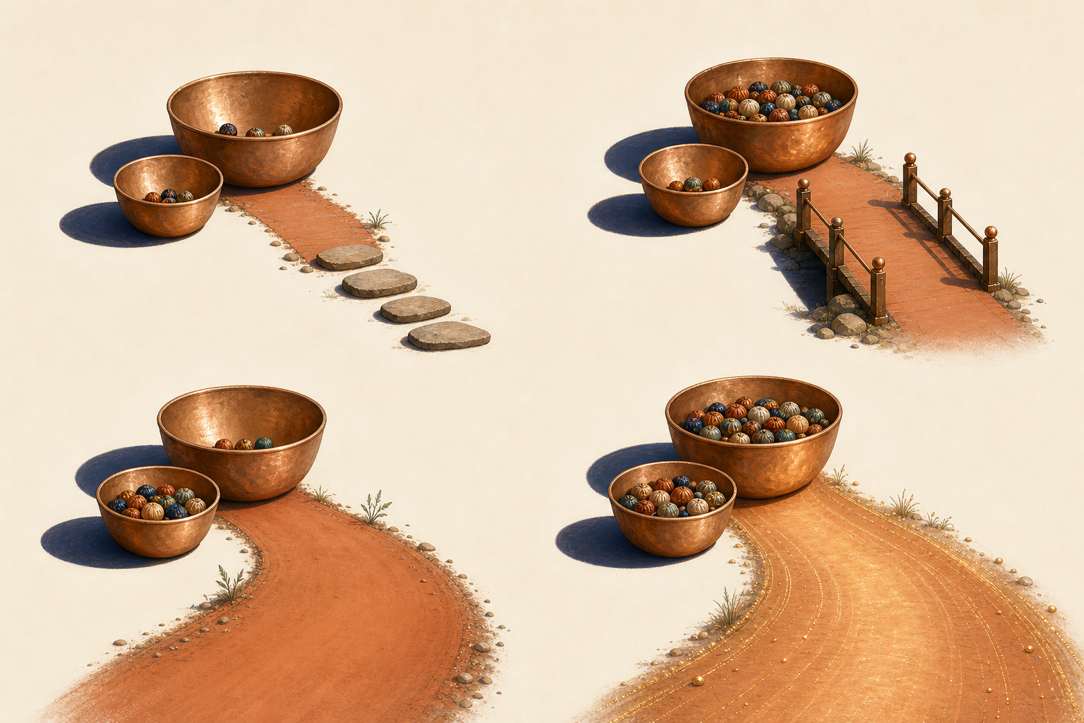 Four pairs of bowls with sparse or fuller bead groupings lead toward paths that suggest different levels of caution and forward movement.