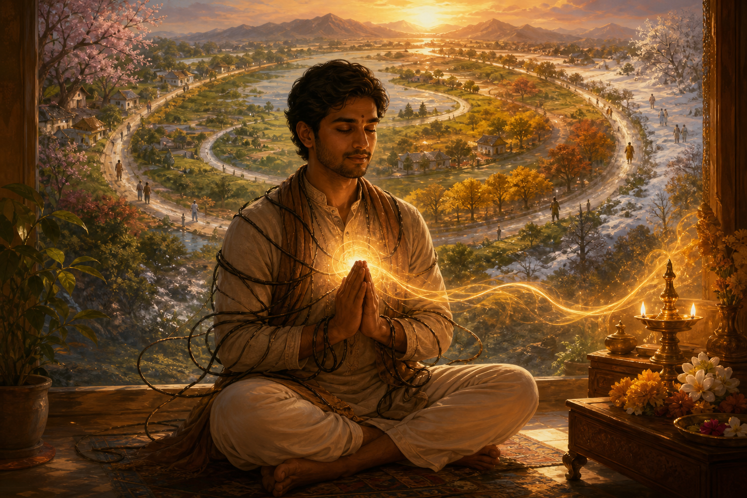 A devotee prays beside a glowing oil lamp as golden light loosens dark cords against a circular landscape of recurring life.