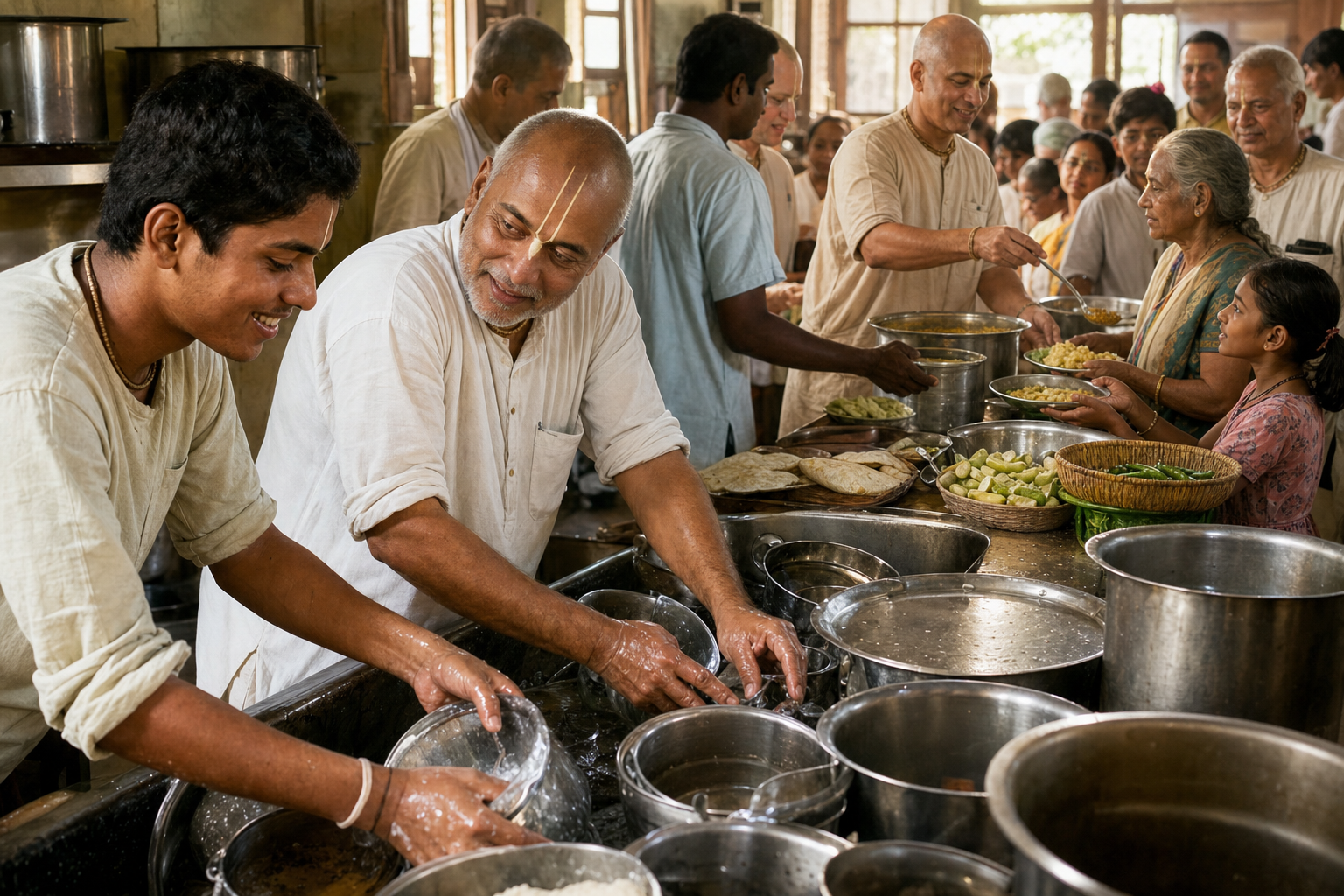 Senior Vaishnava leaders wash pots and serve a communal meal alongside younger devotees and families.