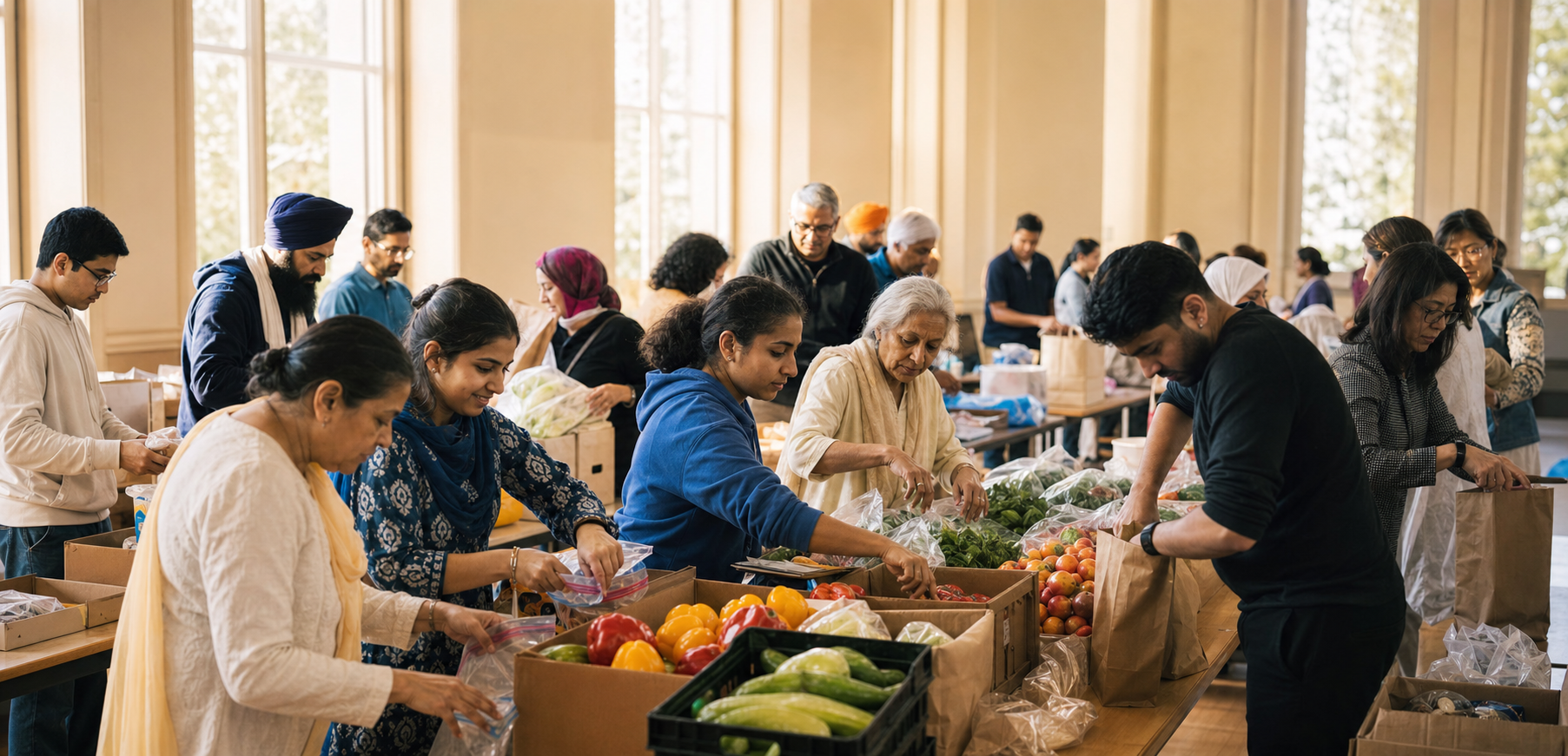An intergenerational group from several Dharmic communities packs food, school supplies, and care parcels together in a neighborhood hall.