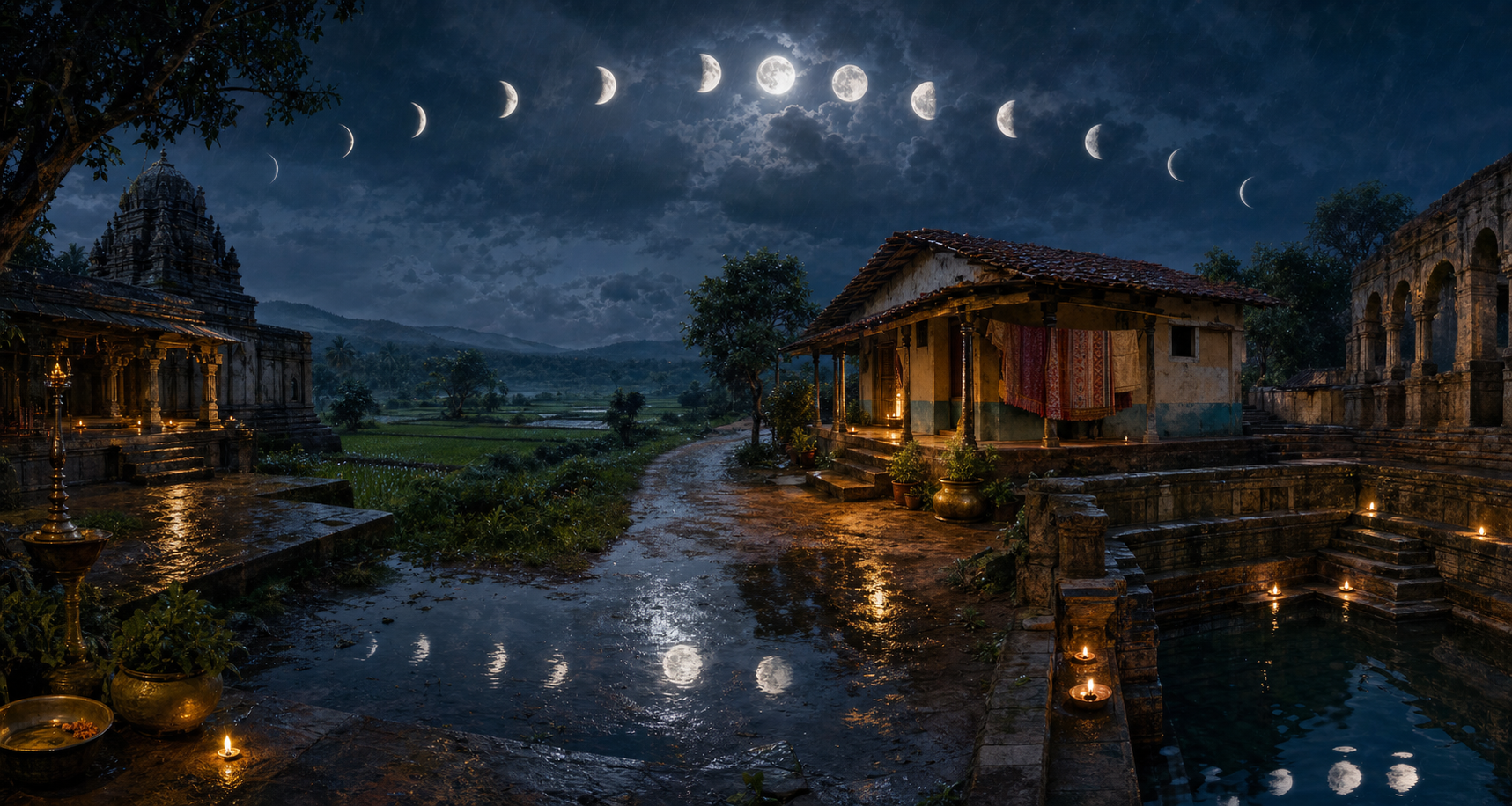 Moonlight connects three monsoon landscapes with distinct regional architecture and devotional objects.
