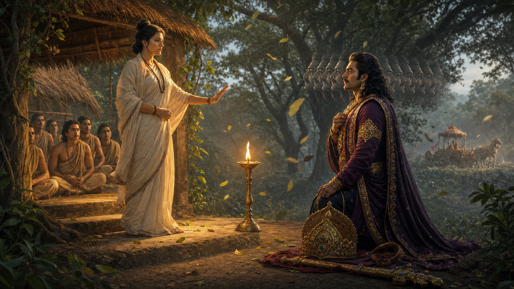 Anasuya meets Ravana at a forest hermitage threshold as his crown and sheathed sword rest outside and a small oil lamp burns between them.